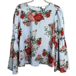 Cupio Floral Blue White Striped Ruffled Bell Sleeve Top Women’s Large Romantic